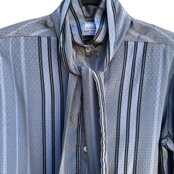 The Great American Short Story Vintage 70s Gray Striped Bow Puff Sleeve Blouse M - Picture 6 of 10